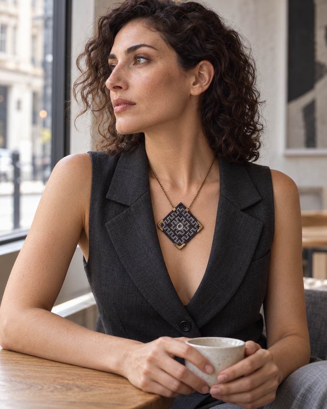 Gray Weave Mirror Necklace | Balochi Embroidery