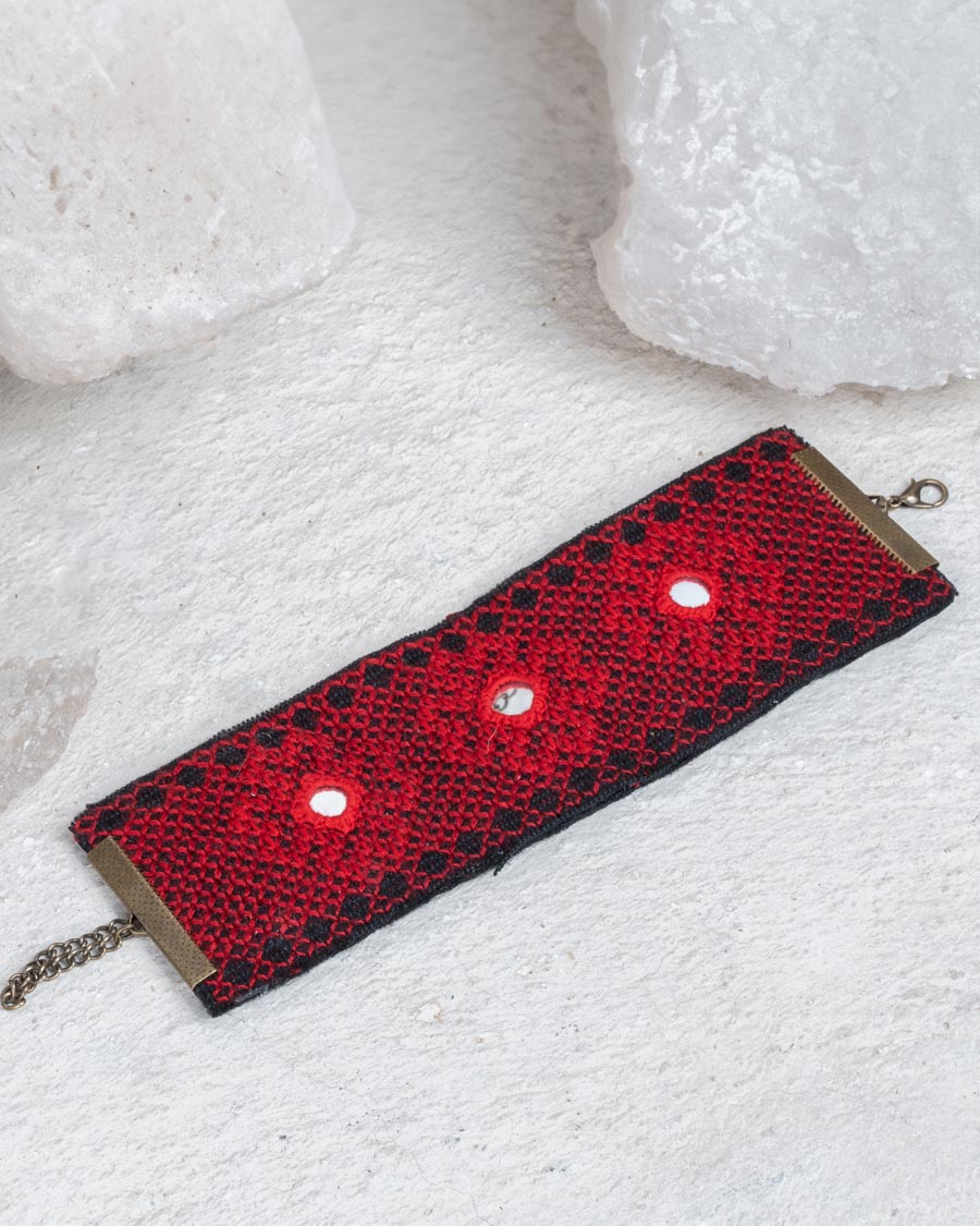 Crimson Weave Mirror Bracelet | LaLan Handmade Balochi Embroidery