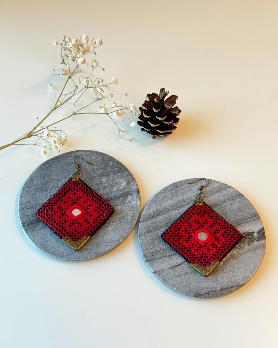 Crimson Weave Mirror Earrings | LaLan Handmade Jewellery