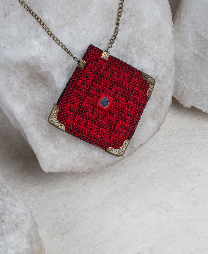 Crimson Weave Mirror Pendant | LaLan Handmade Balochi Embroidery