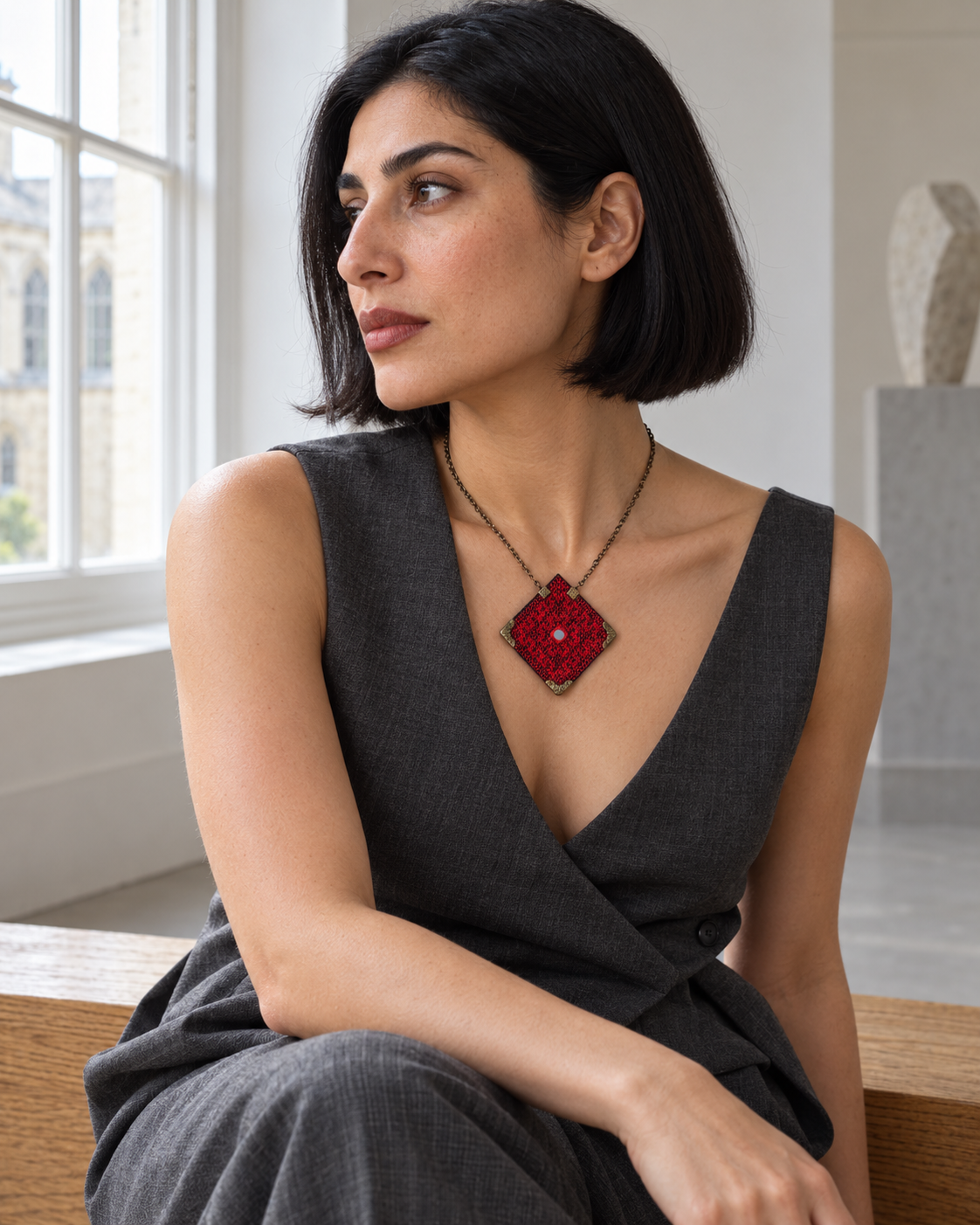 Crimson Weave Mirror Necklace | Balochi Embroidery