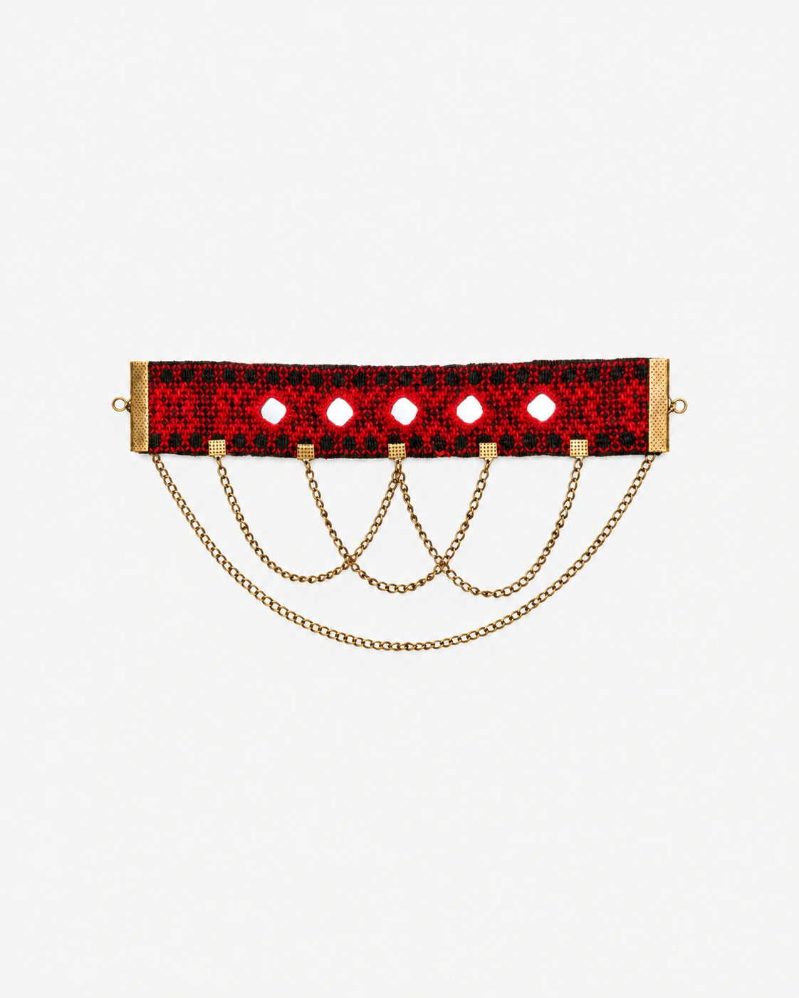 Crimson Weave choker with red and black embroidery, five mirror details and draped gold-tone chains.