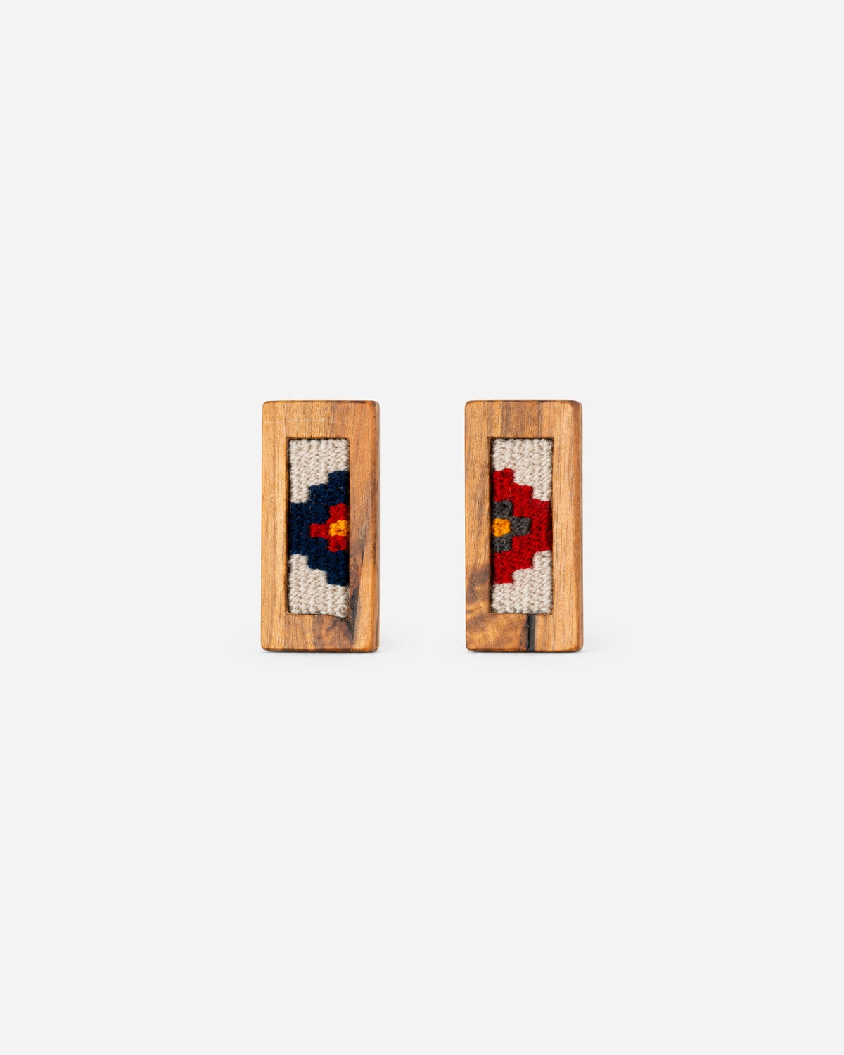 Violet Garden Kilim Earrings with contrasting navy and red floral motifs on cream in slim walnut frames.